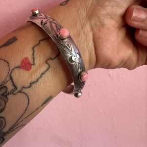 RARE Navajo 30G Sterling silver 8-Stone Pink Conch Bangle -Signed BJA